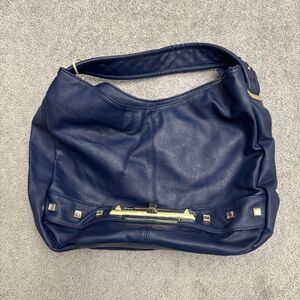 Imoshion Studded Strap Faux Leather Turn Lock Hobo Bag Women Navy Blue Gold NWOT